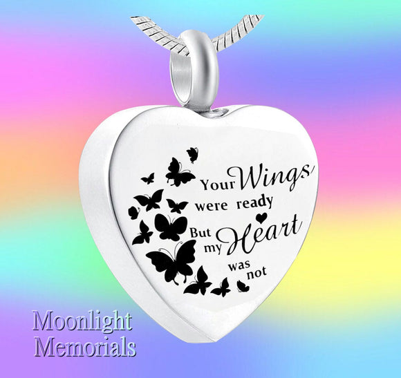 New Your wings were ready Heart Butterfly Urn Ashes Cremation Memorial Necklace