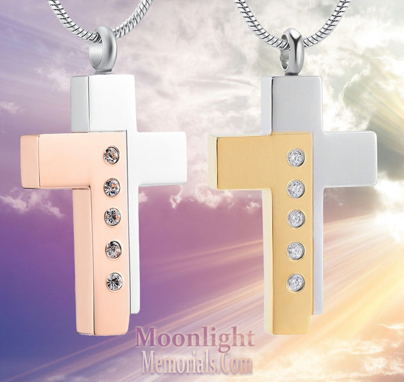 Cross Crystal 2 Tone Urn Cremation Pendant Ash Holder Memorial Necklace